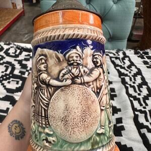 1950s Ceramic Beer Stein with Pewter Lid Porcelain